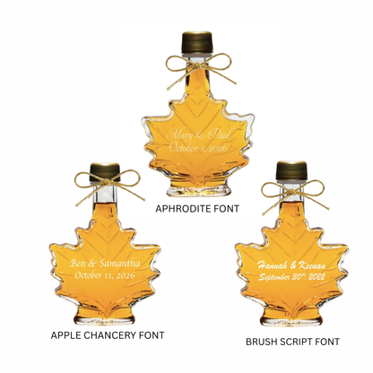 Pure Maple Syrup Favors - Glass Leaf Bottle - 3.4 oz - CUSTOM PRINT GLASS