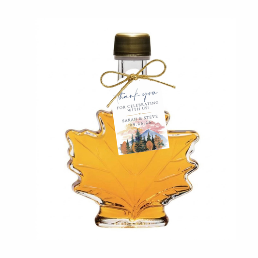 Pure Maple Syrup Favors - Glass Leaf Bottle - 3.4 oz - CUSTOM TAG
